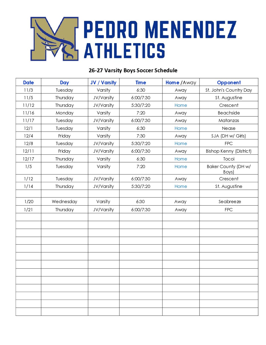 PMHS Boys Soccer Schedule
